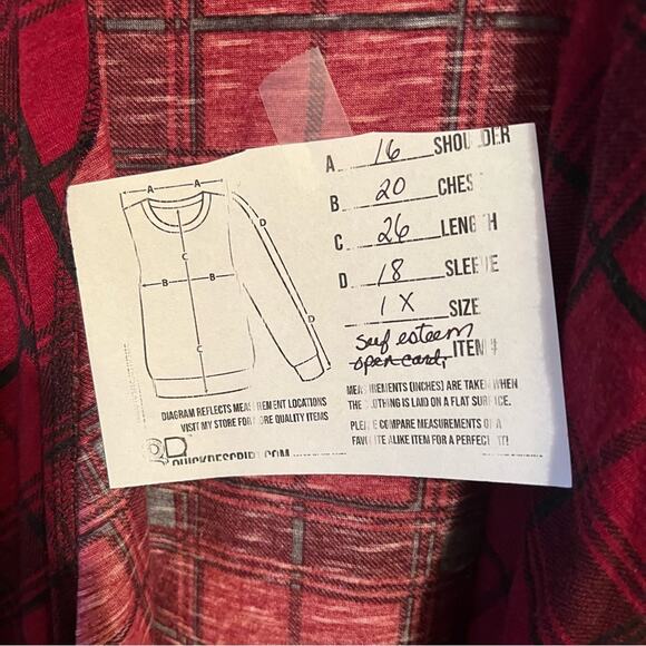 Self Esteem Open front blouse tied at bottom.  1x. Black/red plaid.  Cute top. - Picture 5 of 14